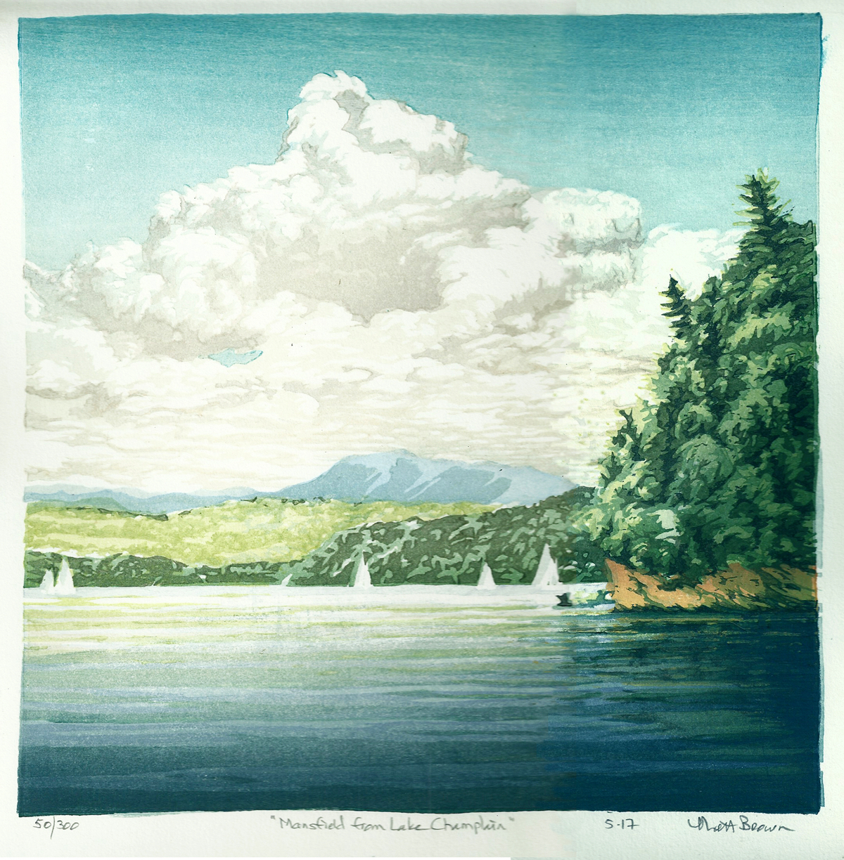 Matt Brown Woodblock Print Mansfield from Lake Champlain