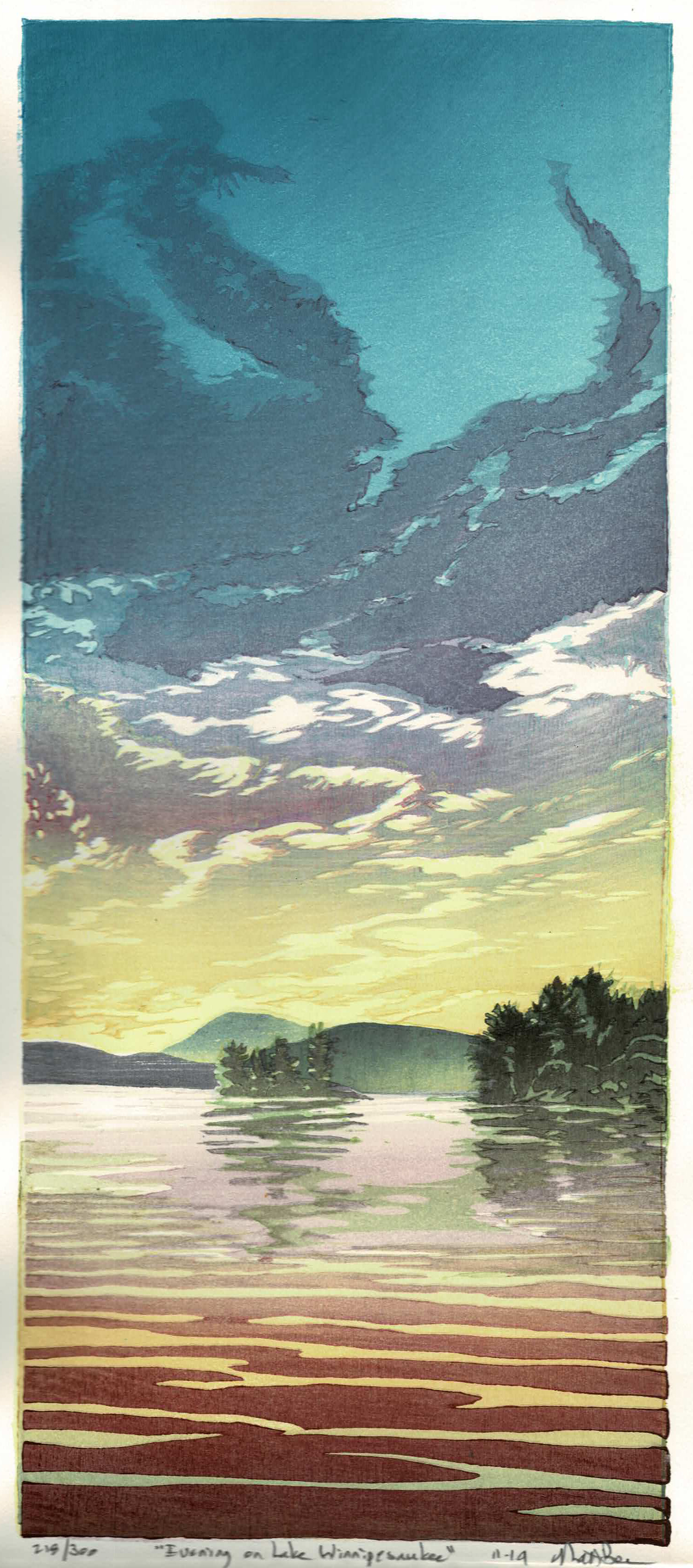 Matt Brown Woodblock Print Evening on Lake Winnipesaukee, edition sold out