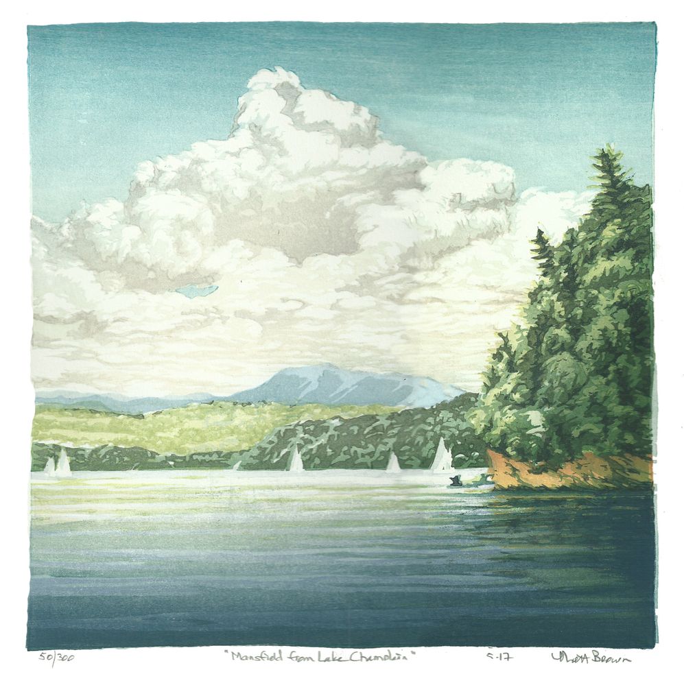 Matt Brown Woodblock Print Mansfield from Lake Champlain