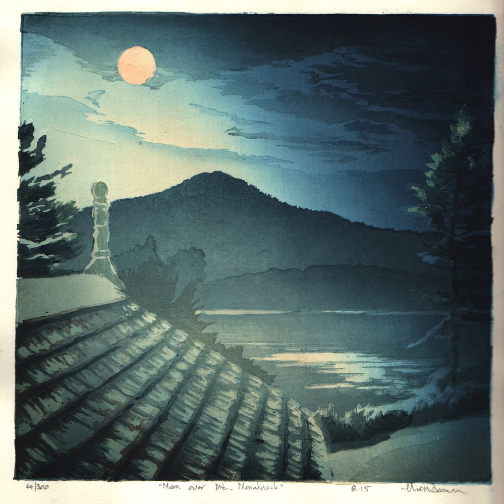 Matt Brown Woodblock Print Moon over Mt. Monadnock